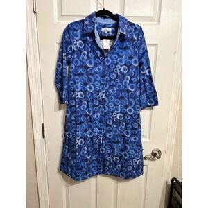 Perlavera XS Dress Blue Pattern Button Up Collar Cotton Preppy Comfort Chic